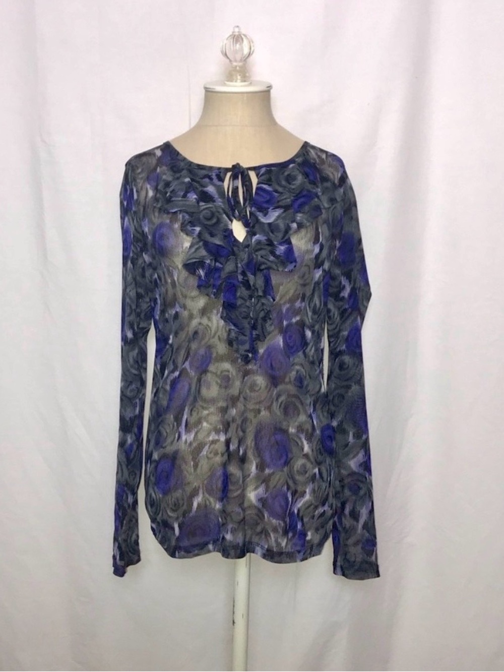 Karen Kane Purple and Gray Ruffle Tie-Neck Blouse XL